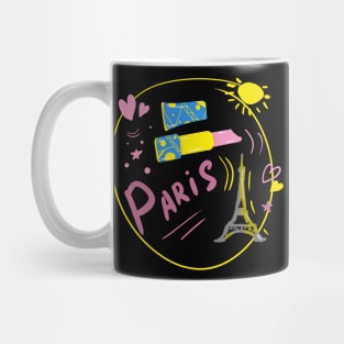 Colored drawing with a pink heart. Stylish print on the theme of Paris. Mug